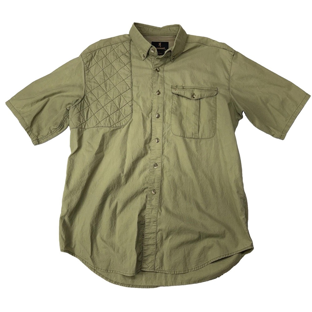 Browning Mens Short Sleeve Shooting Shirt Olive Green Quilted Shoulder Pad Large